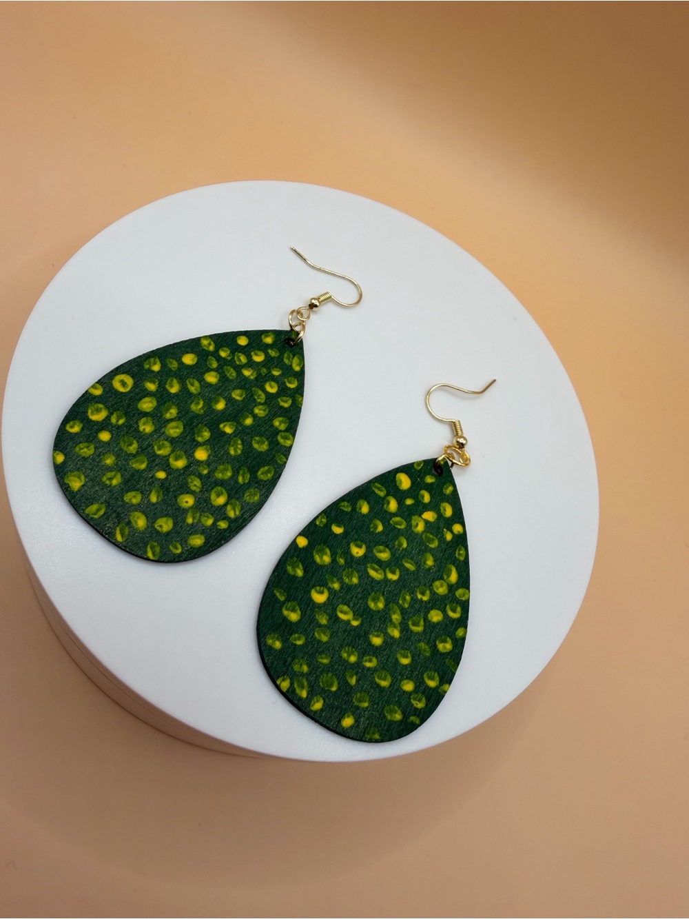 Green Teardrop Patterned wood Earrings